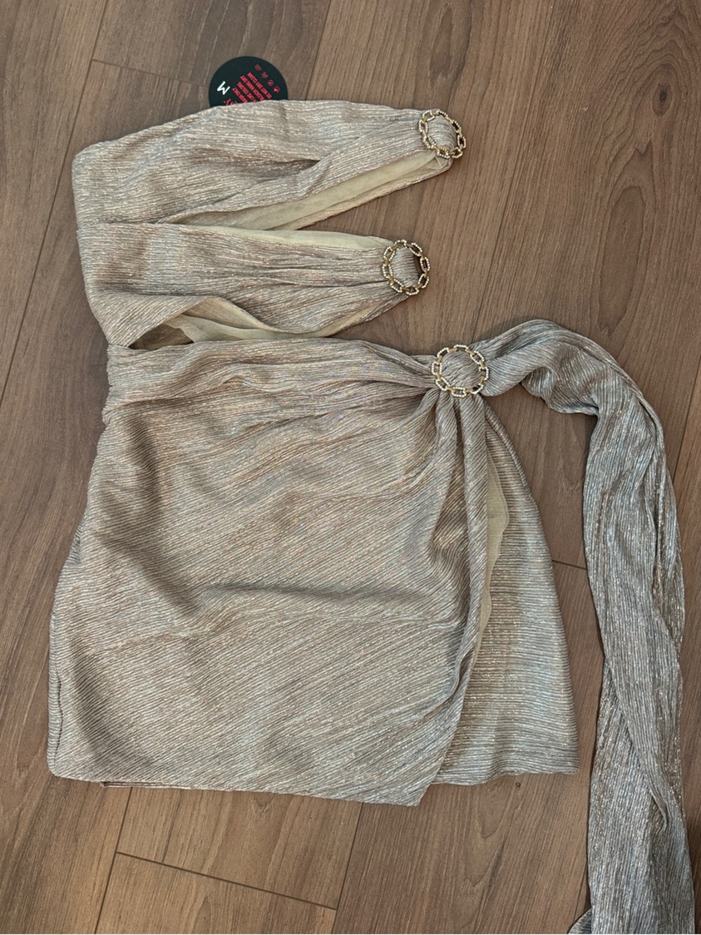 One-Shoulder Metallic Taupe Mini Dress with Chain Ring Detail